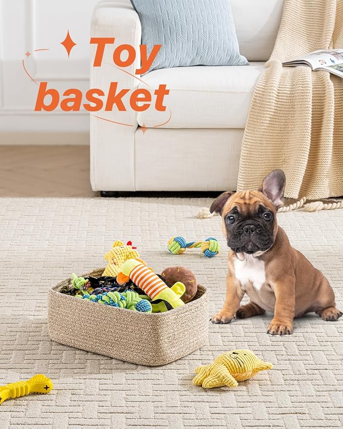 Small Woven Basket, 13.5 x 9.5 x 5 Inches, Storage Basket for Organizing, Cute Small Rope Shelf Closet Cube Storage Bins Baskets for Shelves, Dog Toy Gift Baskets Empty, 3 Packs, Mixed Brown