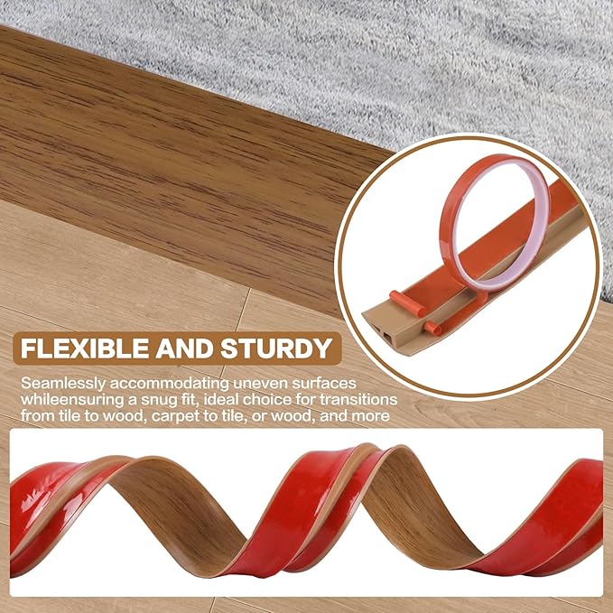 Floor Transition Strip Vinyl Door Threshold Ramp Self Adhesive Carpet Edging Strip Doorway Edge Trim, Overlap Edge Reducer for Laminate Carpet, Floor, Tile (Orange Oak, 2/5" to 3/5", 10Ft)