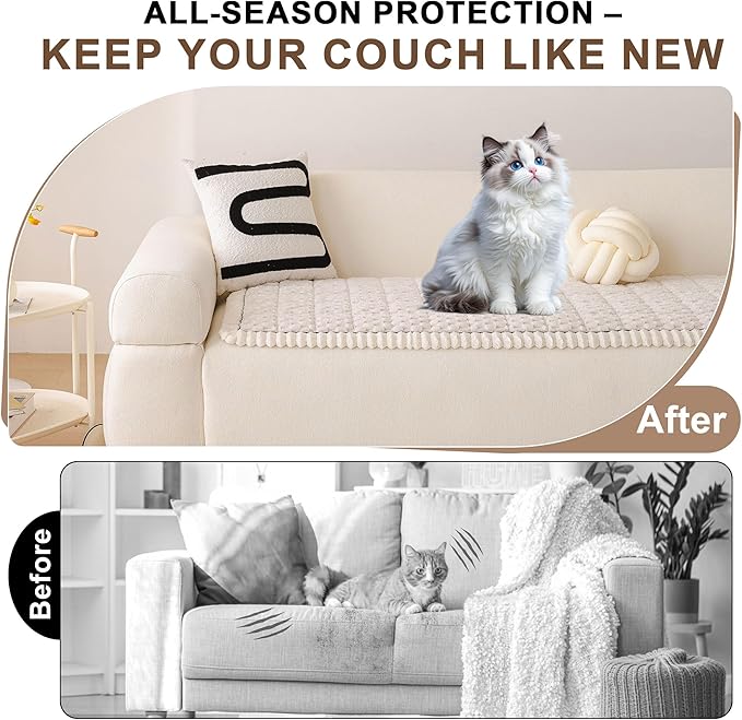 OTOB Couch Cover for Dogs Washable, Non Slip Plush Fuzzy Sofa Covers for 3 Cushion Couch Kids Pet Friendly, All Seasons Soft Cozy Furniture Protector Sofa Slipcovers (Cream, 31.5" x 82.7")