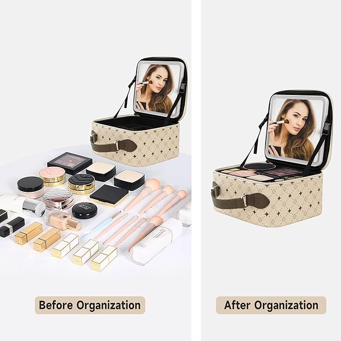 Travel Makeup Bag With 360° rotating LED Mirror,Waterproof cosmetic organizer,Portability Cosmetic case,Makeup organizer,Gift for Women,Girls Gift (Beige + Brown)