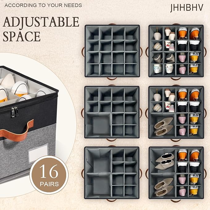 2 Pack Shoe Organizer for Closet, Adjustable Shoe Box Storage Containers, Large Foldable Shoe Bins with Clear Cover, Space Saving Shoes Holder with 4 Handles, Fits 16-32 Pairs, Black