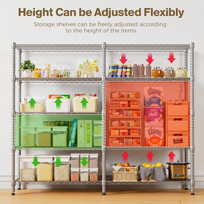 Himimi 72"W Wire Rack Shelving-2000LBS Capacity, Adjustable Storage Shelves Metal Shelves for Storage, 5-Tier Heavy Duty Wire Organizer for Kitchen, Garage, Pantry, 72" W x 18" D x 72" H, Silver Grey