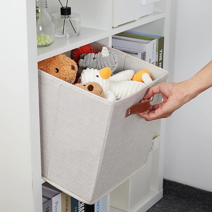 DULLEMELO 12inch Cube Storage Baskets for Shelves Closet Storage,Sturdy Home Organization Bins for Gifts Empty,Foldable Fabric Storage Cubes Baskets for Nursery Toys Clothes Storage(Beige-4 Pack)