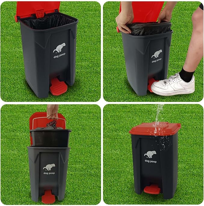 Dog Poop Trash Can Outside, 20L/5Gallon Dog Waste Trash Can with Lid, Pedal and Removable Inner Waste Bin, Pet Poop Bucket with 100 Bags, Red