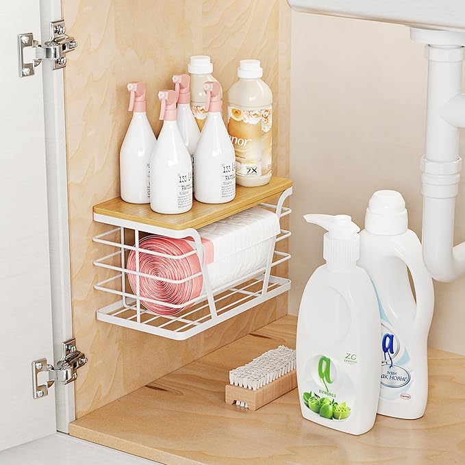 Small Grocery Bag Holder, Trash Bag Dispenser with Removable Bamboo Top, No Drill,White