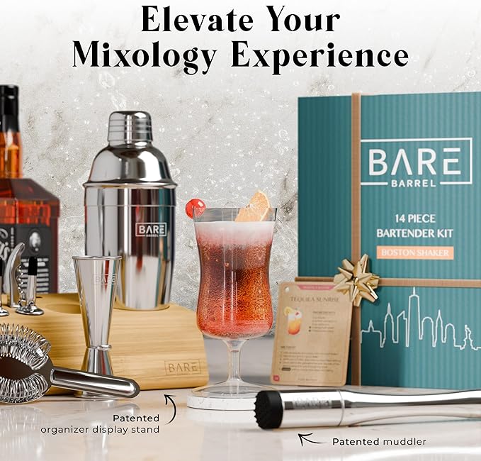 BARE BARREL® Mixology Bartender Kit Bar Set | 14-Piece Cocktail Shaker Set | Martini Barware Mixing Tools for Home Bartending | Incl. 35 Recipe Cards | Gift Set (24oz Cobbler Shaker, Silver/Natural)