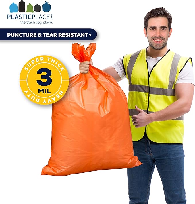 Plasticplace 42 Gallon Trash Bags |3.0 Mil | Orange Heavy Duty Contractor Trash Bags | 33" x 48", 50 Count (Pack of 1)