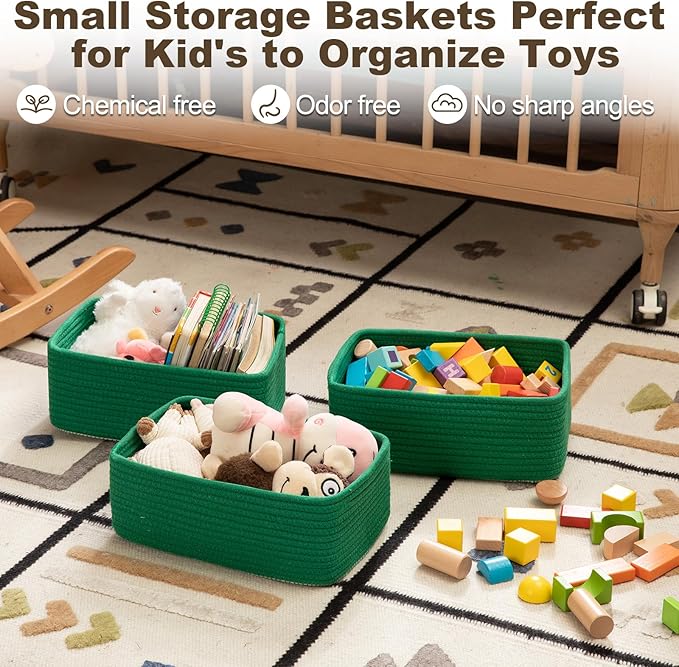 3 Pack Small Storage Baskets for Organizing, Cute Woven Decorative Gift Baskets for Shelves, Mini Closet Organizer Bins with Handles, 11.81''Lx7.87''Wx4.72''H-Green