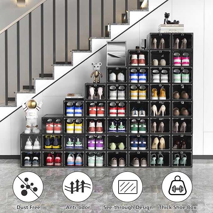 12 Pack Hard Sturdy Thickened Rigid XX Large Shoe Storage Organizer for Closet, Clear Stackable Sneaker Shoe Boxes Rack Containers Display Case Bins with Lids, Black03
