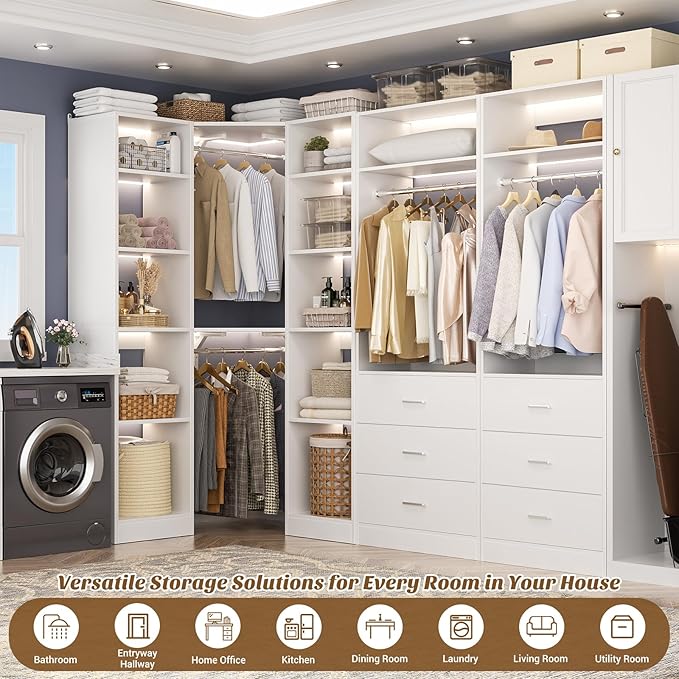Corner Closet System with 6 Drawers, Closet Organizer System with 14 Shelves & 4 Hanging Rods, 87.2"L * 39.2"W / 63.2"L * 63.2"W Reversible L Shaped Walk-in Closets, Load 2500+LBS, White