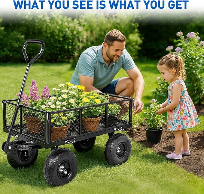 Yesker Steel Garden Carts - 800lbs Dump Wagon with All Terrain Inflatable Wheels for Yard Lawn Farms Gardening - Heavy Duty Utility Outdoor Hauling Wheelbarrow