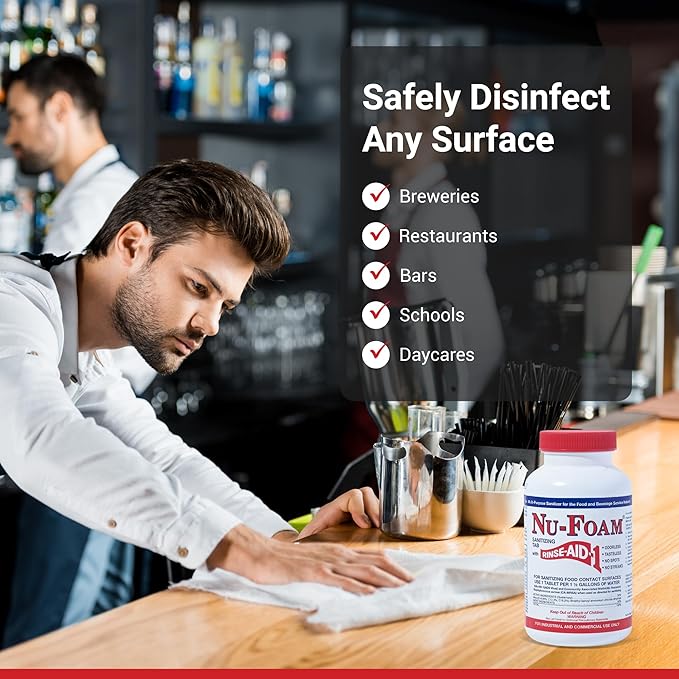 Nu-Foam Sanitizing Tablets for Bar Glassware – Superior Rinse Aid - Hand Washing Bar, Tavern, Brewery Supplies - Spotless Serving Glasses - Professional-Grade Glass Sanitation - 100 Tablets/600 Quarts