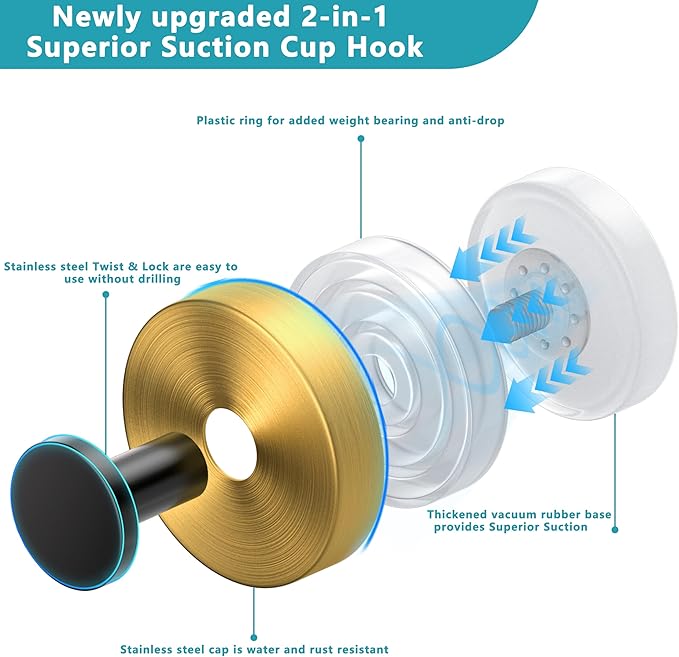 Suction Cup Hooks for Shower,Wreath Hanger for Front Door,Removable No Drill Towel Loofah Hooks,Upgraded 15 lbs Strong Suction for Bathroom,Wall,Glass,Stainless Waterproof- Black Gold 2 Pcs