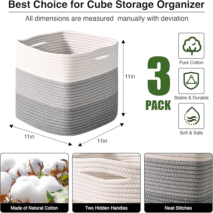 11 Inch Cube Storage Bins, Storage Cube Organizer Bins, Woven Cotton Rope Basket for Storage, Storage Baskets for Organizing Shelves, Grey Baskets for Toys, Gradient Grey (Pack of 3)