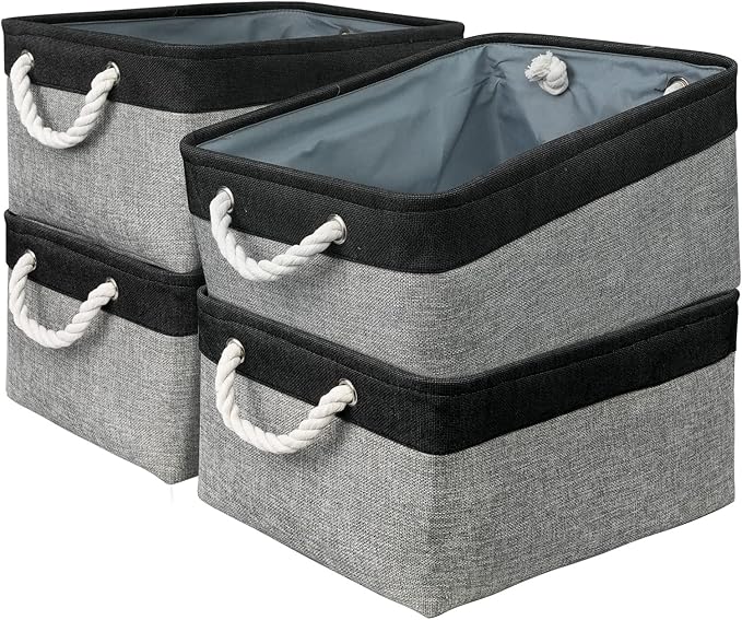 TcaFmac Storage Basket for Organizing - Large 4 Pack Canvas Decorative Storage Bins Baskets for Shelves with Ropes, Foldable Storage Cubes for Closet Cloth Toy Linen(Black & Grey 16x12x8 inch)