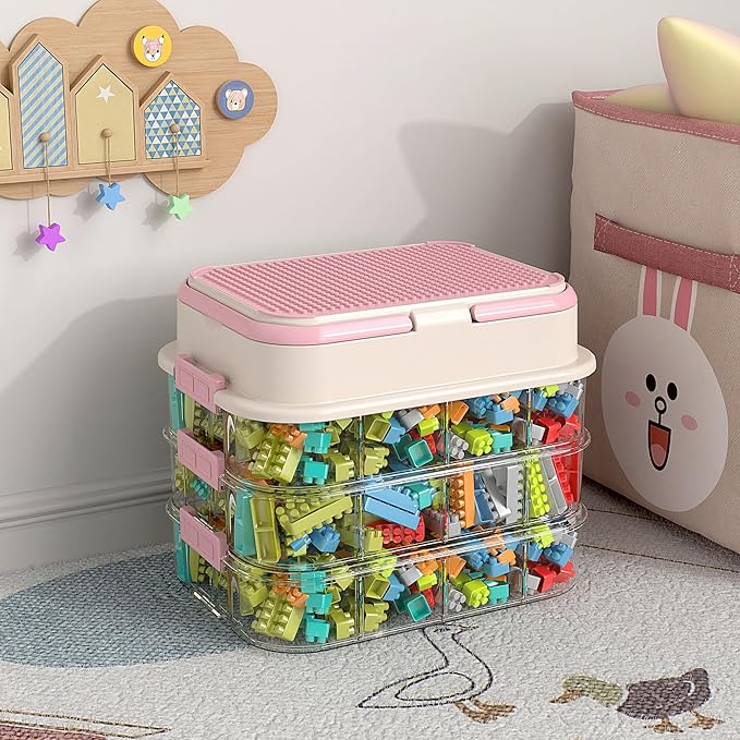Toy Storage Organizer Box with Handle, Stackable Building Block Toy Box with Building Plate Lid & Removable Sorting Trays, Cubby Bins and Containers 3 Layer (Pink)