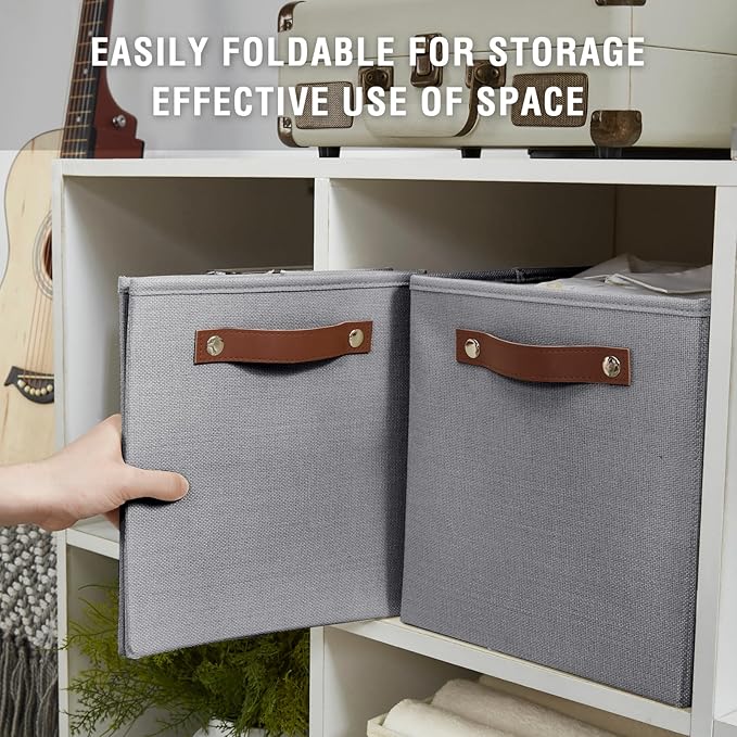 Collapsible Fabric Storage Cube Bins with 2 Reinforced PU Handles, Foldable Storage Organizer Baskets for Closet, Shelves, Living Room | 11"x11"x11", 4 Pack, Full Gray
