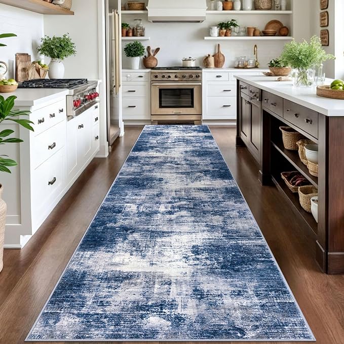 IOHOUZE Abstract Runner Rug 3x14 Ft Washable Runners for Hallways, Non Slip Kitchen Runner Printed Faux Wool Entryway Runner Indoor, Modern Abstract Floor Carpet for Hall Stair, Navy/Grey