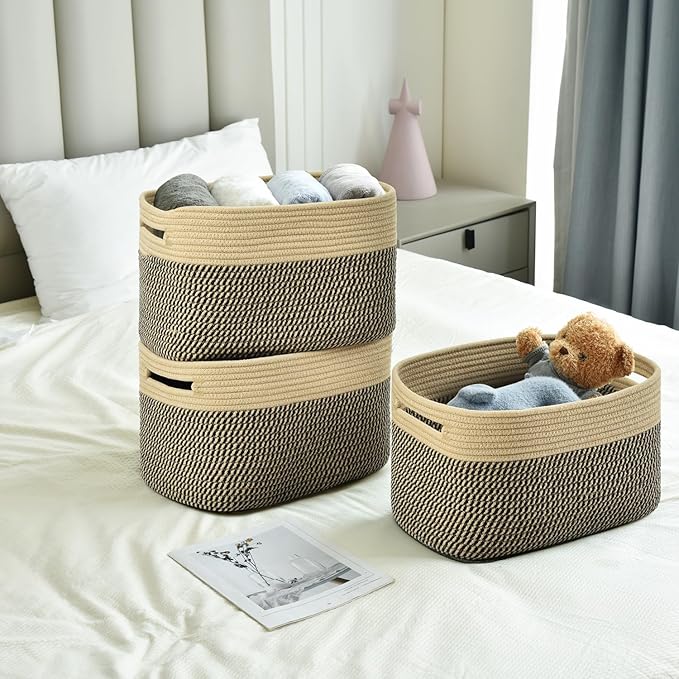 Storage Basket,Woven Baskets for Storage,Cotton Rope Baskets for Organizing,book,towel Basket,Toy Basket or Storage Bins - 3 Pack,Black and Brown