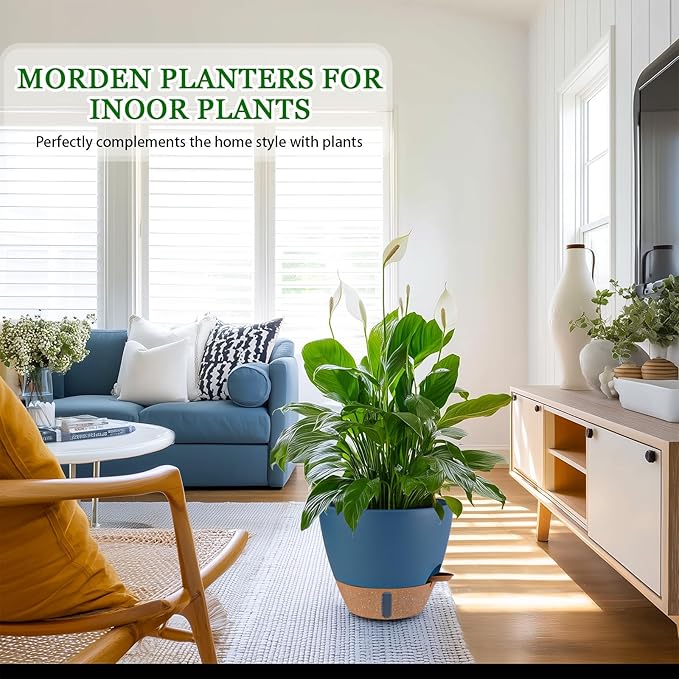2 Pack 10 inch Plant Pots, Plastic Self Watering Planters with Drainage Holes, Deep Reservoir, Water Level Indicator, Modern Decorative Flower Pots for Indoor Outdoor Plants (Navy Blue, 10 inch)