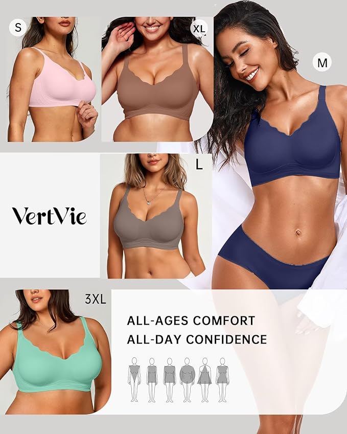 Vertvie Womens Seamless Bras No Underwire Supportive Wireless Push Up Full Coverage Bralette Comfort Scalloped T-Shirt Bra