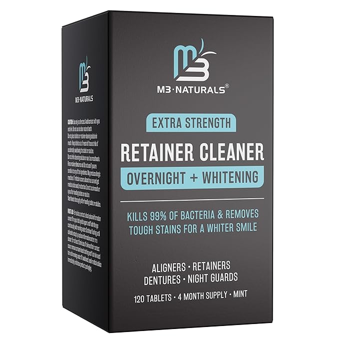 Overnight + Whitening Retainer Cleaner, Remove Stains, Discoloration, and Plaque | 4 Month Supply | Denture Cleanser with Whitening Boost,120 Tablets by M3 Naturals