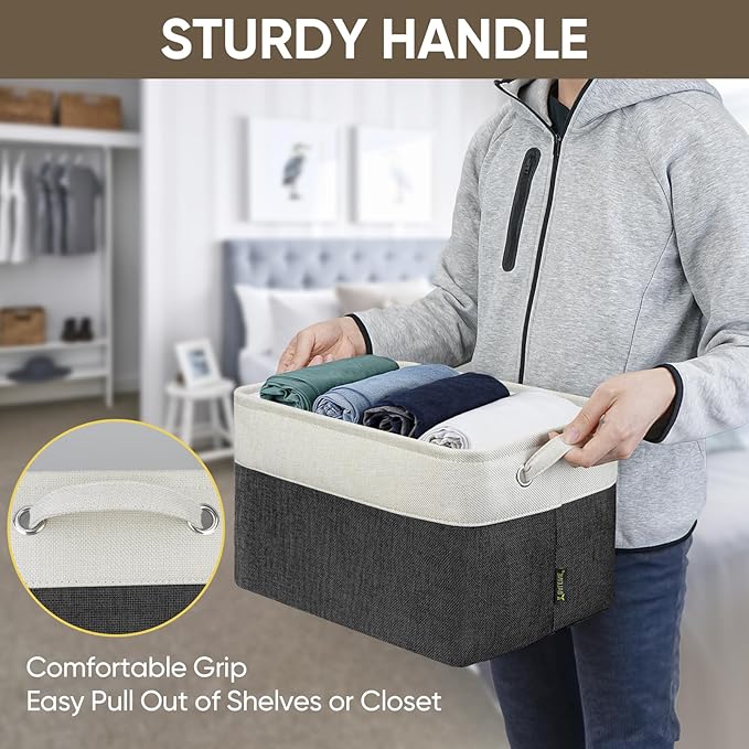 BALEINE 3 Pack Fabric Storage Bins for Shelves, Linen Storage Baskets for Organizing, Decorative Closet Bins for Clothes, Home (Black, 15"x11"x9.5")