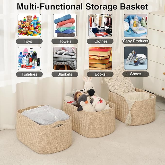 Large Storage Baskets for Organizing Shelves, Woven Cotton Rope Bins for Baby Nursery Organization, Book Toy Towel Organizer, 17"x13"x9.5", 3 Packs, Brown