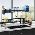 2 Tier Extra Large Stainless Steel Expandable Over The Sink Dish Drainer Drying Rack, Rust Proof Metal, Space Saving, Modern Black Big Capacity Extendable Plate Strainers Above Kitchen Counter