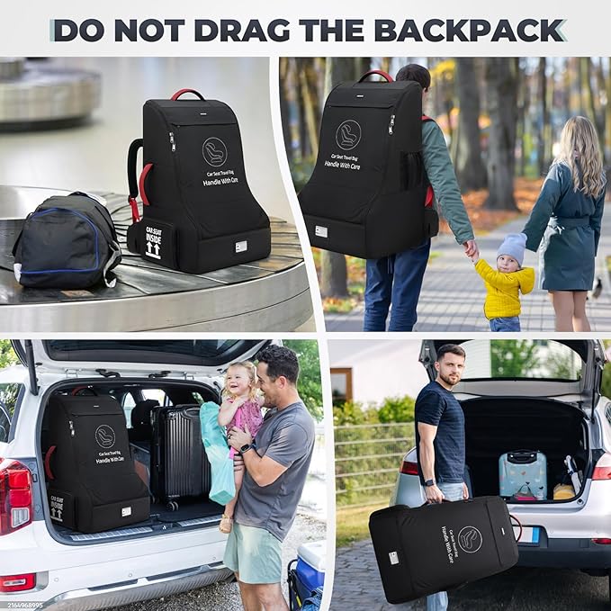 RAINSMORE Padded Car Seat Travel Bag for Airplane Heavy Duty Car Seat Backpack for Air Travel Baby Carseat Cover Bags for Airport Large Car Seats Carrier Fits Car Seats & Booster Seats, Black