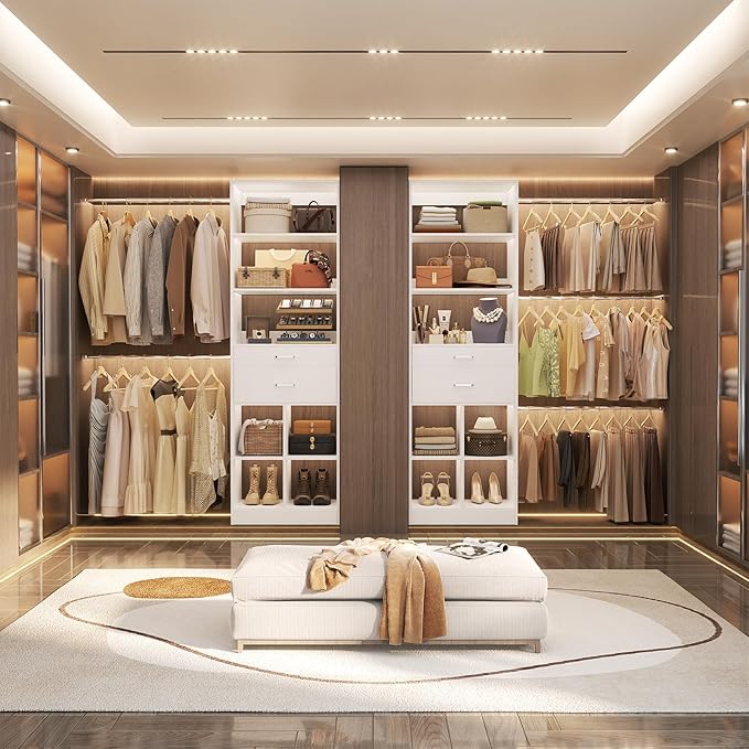 Closet System, 4-8 FT Closet Organizer Tower with 2 Wooden Drawers and Shelves, Can Fit 60 to 96 inch Walk-in Closet System with 5 Hanging Rods, Built-in, White