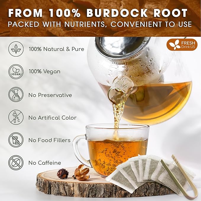 FreshDrinkUS, Premium 75 Burdock Root Tea Bags, 100% Natural & Pure from Burdock Root. Made with Natural Material Tea Bags. No Sugar, No Caffeine, No Gluten, Vegan.