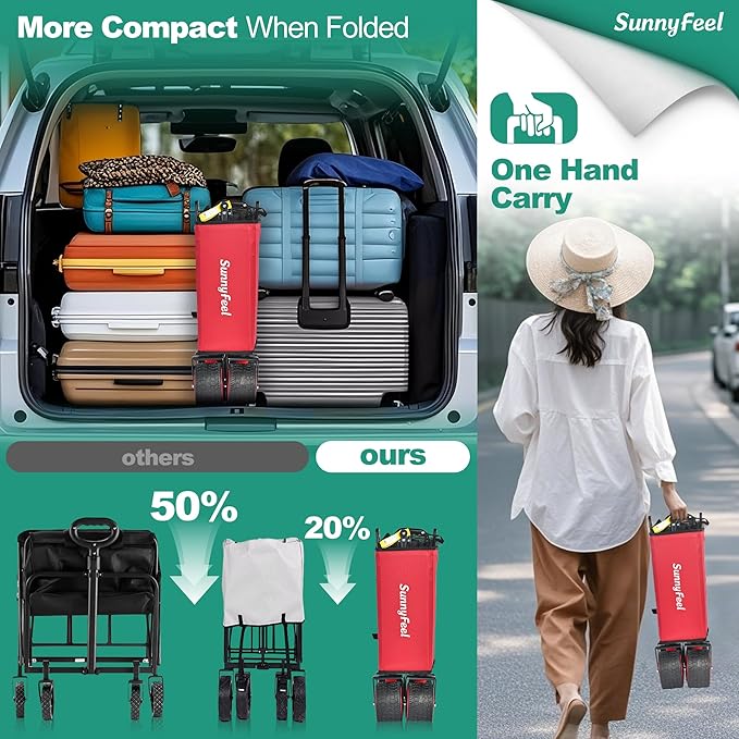 SUNNYFEEL Heavy Duty Collapsible Outdoor Utility Wagon Cart 500LB Capacity Adjustable Handlebar,Foldable Beach Wheels Stable Durable Oxford Fabric for Shopping Garden Camping (Red, Tall Version)