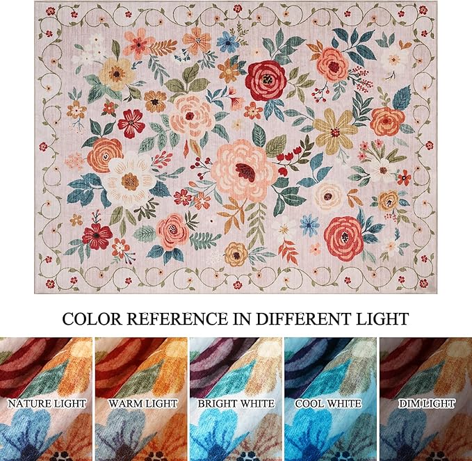 DUKINO 4x6 Feet Office Chair Mat, Lightweight Non Slip Washable Floral Area Rug, Indoor Low Pile & Non-Shedding Boho Design Rugs for Bedroom, Living Room, Dining Room, Beige