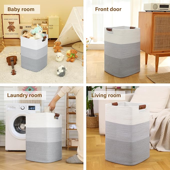 Laundry Hamper 96L Extra Large Laundry Basket, Woven Blanket Basket, Cotton Woven Storage Hamper with Handles for Living Room, Large Baskets for Pillows, Blankets, Clothes-Gradient Grey