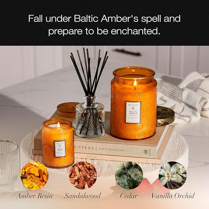 Voluspa Baltic Amber, Large Candle Jar, 18 oz, 100 Hour Burn Time, Coconut Wax for Clean Burning, Handcrafted in the USA