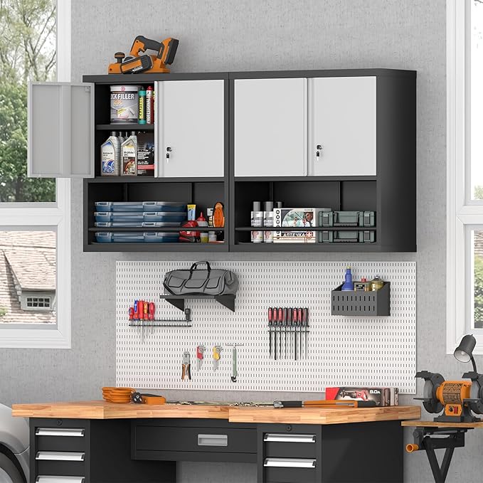 Metal Garage Cabinets, Lockable Storage Cabinet, Metal Cabinet with Open Storage, Upper Tool Cabinet for Basement, Wall Mounted Cabinets for Shop