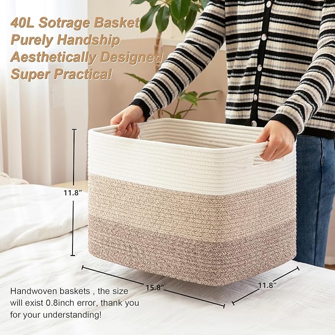 Storage Baskets for Organizing, 2 Pack Woven Basket for Storage, Rectangle Baskets for Shelves Closet Organizers, Toy Basket for Nursery Storage Living Room, Laundry Room, Bedroom (Gradient Brown)