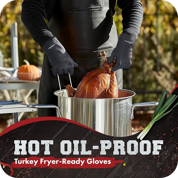KITCHEN PERFECTION XL Silicone Smoker Oven Gloves-Extreme Heat Resistant BBQ Gloves-Handle Hot Food Right on Your Grill Fryer&Pit|Waterproof Grilling Cooking Baking Mitts|Superior Value Set+3 Bonuses