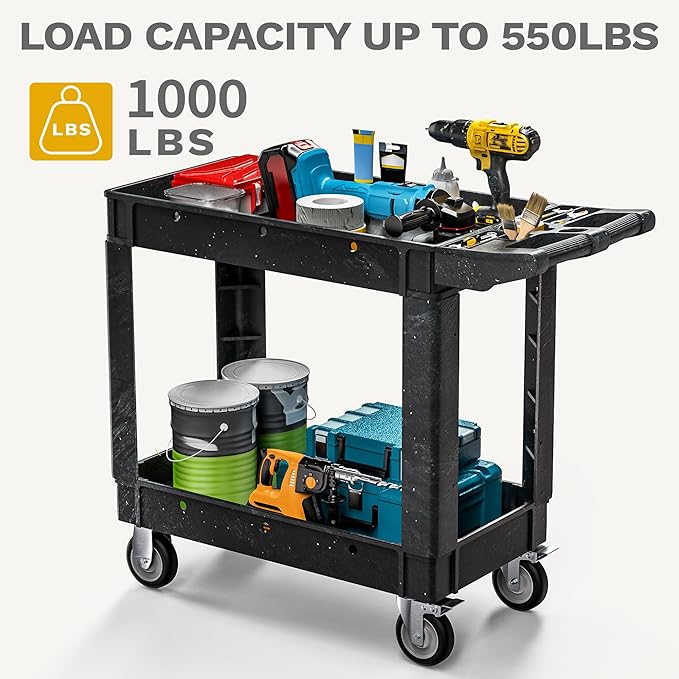 DWVO Utility Cart, 1000 lbs Capacity, 2 Shelf Heavy Duty Plastic Service Utility Cart on Wheels, Rolling Storage Work Carts Suitable for Warehouse, Garage, School & Office, Cleaning, Black