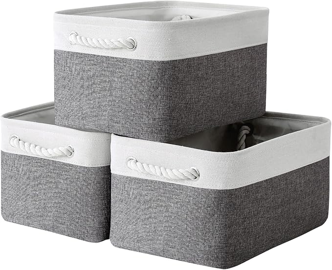 Large Storage Baskets for Shelves, Fabric Baskets for Organizing, Collapsible Storage Bins for Closet, Nursery, Clothes, Toys, Home & Office [3-Pack, White&Grey]