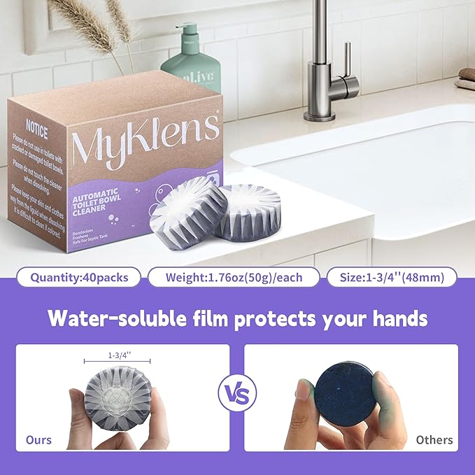 Toilet Bowl Cleaner Tablets, Automatic Toilet Bowl Cleaners, Long-Lasting Toilet Tabs Drop in Tank for Deodorizing & Descaling, Purple, 40 Packs