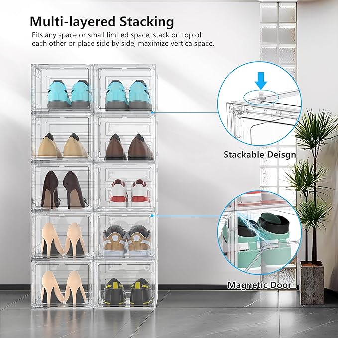 12 Pack Hard Sturdy Thickened Rigid XX Large Shoe Storage Organizer for Closet, Clear Stackable Sneaker Shoe Boxes Rack Containers Display Case Bins with Lids, White
