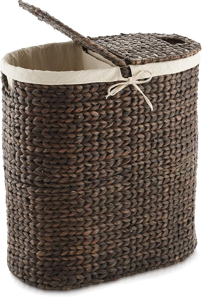 Casafield Oval Laundry Hamper with Lids and Removable Liner Bags - Espresso, Woven Water Hyacinth 2-Section Laundry Basket Sorter for Clothes and Towels