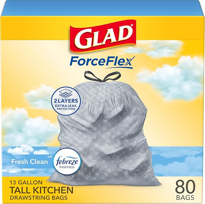 Glad ForceFlex Tall Kitchen Trash Bags, 13 Gallon, Fresh Clean, 80 Count (Package May Vary)