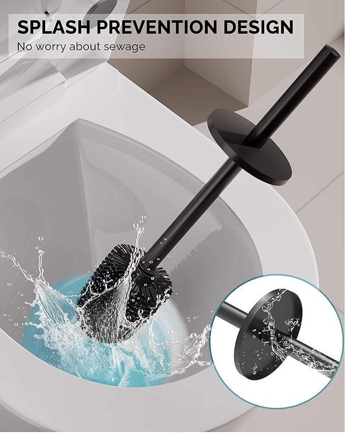 Toilet Brush and Holder Set, 2 Pack Stainless Steel Toilet Bowl Brush with Lid, Rust Proof Toilet Cleaner Brush with Caddy, Durable Bristles, Splash Proof, Ideal for Bathroom（Matte Black）