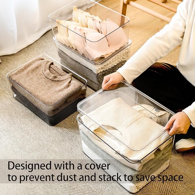 Lidded Plastic Storage Bins Set Clear Desk Basket Box Organizer Kitchen Container Clothes Laundry Closet Cabinet Shelf, Organization and Storage for Shelves Office Bathroom(clear 3XL+2M)