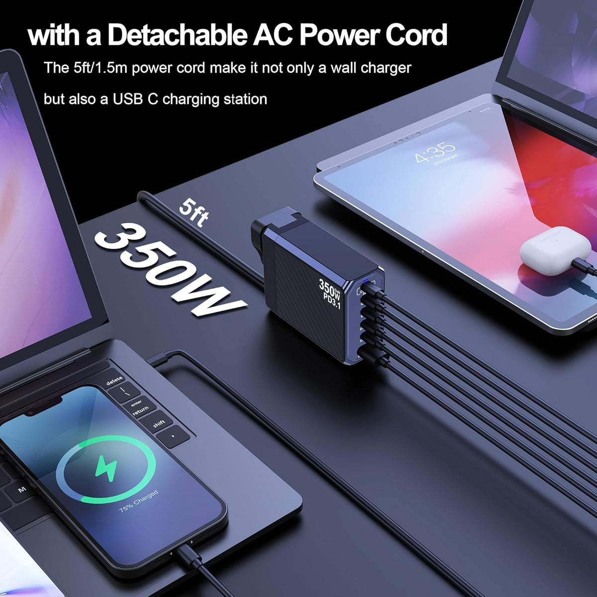 350W USB C Charger, 6-Ports PD3.1 140W Fast Charging Station, GaN Foldable Charger Block for MacBook Pro/Air, iPad, iPhone 16 15 Pro Max, Galaxy S24/S23 Ultra and More