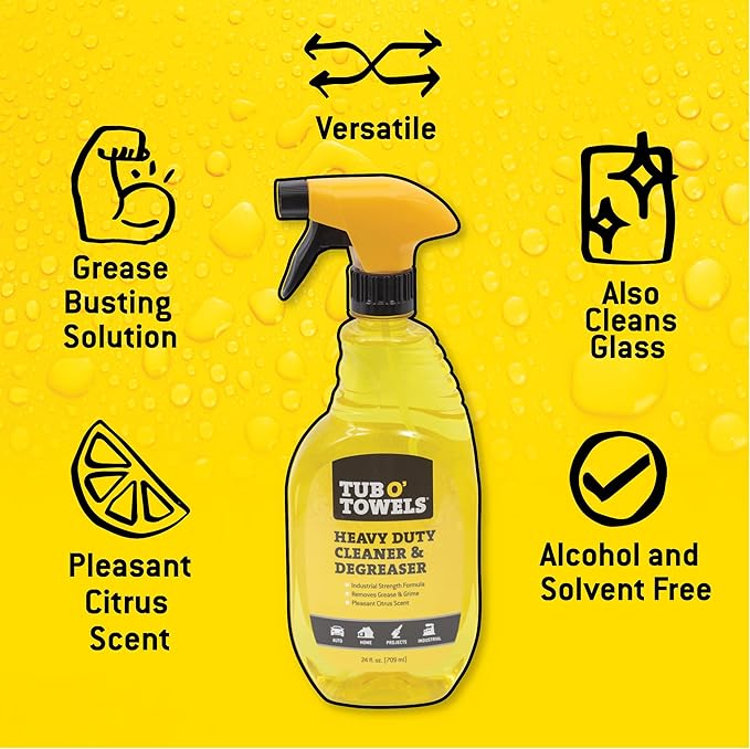 Tub O' Towels Heavy Duty Cleaner and Degreaser Spray Helps in Removing Oil Tar Paint Dirt Caulk Grease Grime Gunk Epoxies, Industrial Strength, Home & Auto, Made In USA, Citrus Scent, 24oz, 12-Pack