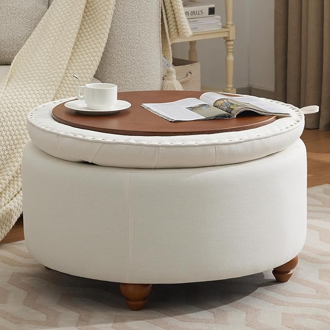 30Inch Round Storage Ottoman with Tray, Modern Tufted Fabric Circle Coffee Table with Storage, Upholstered Ottoman with Removable Top for Living Room, Bedroom, Beige